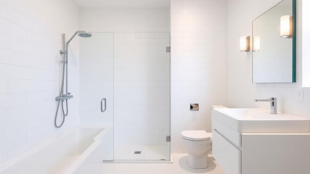 Efter: nyrenoverat modernt badrum i Nockeby, Bromma, med BKR-godkänt tätskikt, golvvärme, ny ventilation och ljust kakel